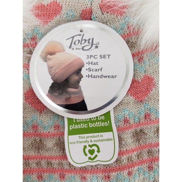 Toby Me Girls 3 Piece Infinity Scarf Handwear Teal Tan Pink Heart Fur PomPom Hat - Picture 8 of 9